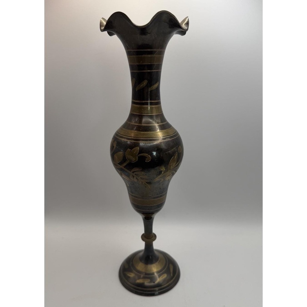 Vintage Etched Brass Vase Black Gold Boho Floral Urn Footed 11.5"